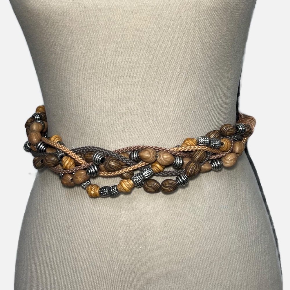 Vintage Woven Belt Wood Beads Silver Hook Women’s S Boho Rustic Artisan Style